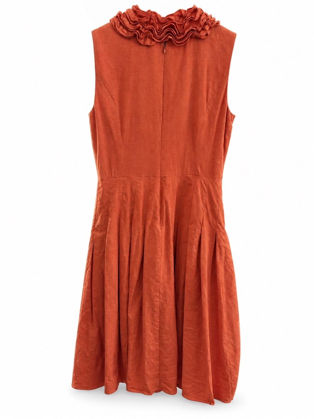 Adrianna Papell Burnt Orange Linen Blend Ruffle Pleated Dress Size 10 - Picture 5 of 6